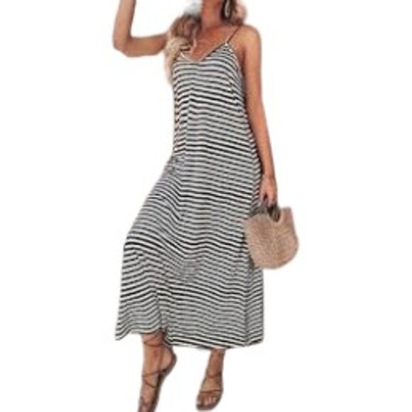 Striped V-Neck Spaghetti Strap A-Line Maxi Dress, Size S - Picture 1 of 8